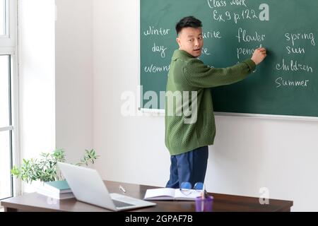 Asian teacher conducting English lesson online Stock Photo
