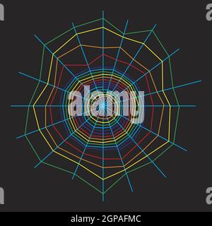 Spider web silhouette on black. Tangled trap of multi-colored threads. Cobweb threads of all rainbow colors. Fantasy vertical structure. Orb webs of p Stock Vector