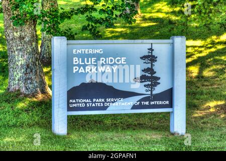 Entrance sign for the Blue Ridge Parkway in Virginia. Stock Photo