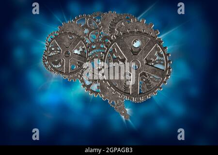 Human brain with metallic gears on shiny blue background Stock Photo