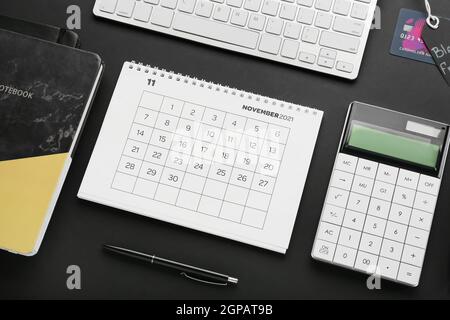 Calendar Calculator 2022 Calendar Page Of November 2022, Computer Keyboard, Notebook And Calculator  On Dark Background. Black Friday Stock Photo - Alamy