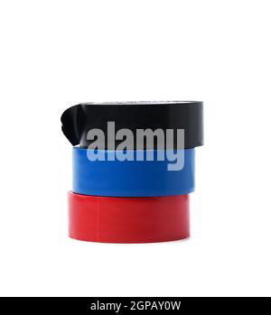 multicolored rubber insulating tape, skeins isolated on white background, close up Stock Photo