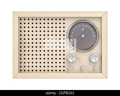 Front view of wooden analog radio in retro style, isolated on white background Stock Photo