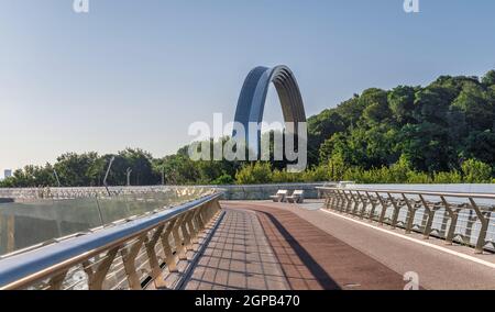 Kyiv, Ukraine 07.11.2020. Pedestrian glass bridge in Kyiv, Ukraine, on a sunny summer morning Stock Photo