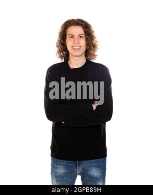 Cool guy with long hair isolated on a white background Stock Photo