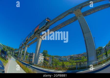 Tama city monorail line and Sunny. Shooting Location: Hino City, Tokyo Stock Photo