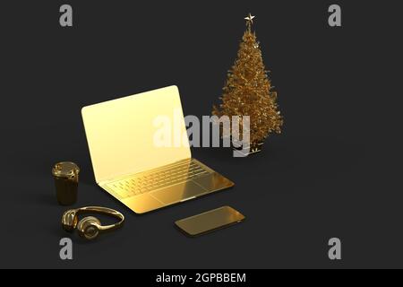 Laptop with Christmas tree and various gadgets. 3D rendering Stock Photo