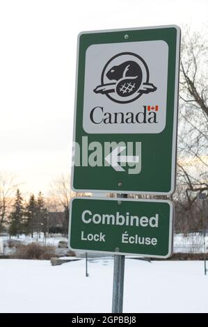 SMITHS FALLS, ONTARIO, CANADA, MARCH 10, 2021: A government of Canada signage for the combined lock ahead located at the heart of the Rideau Canal in Stock Photo