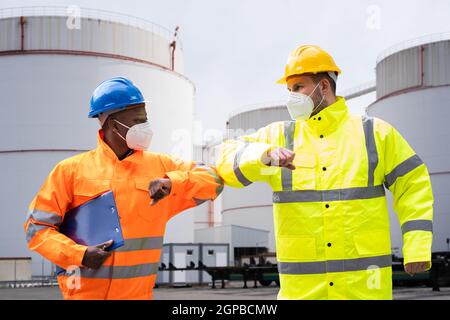 Construction Industry People Teamwork Elbow Bump Greeting Stock Photo