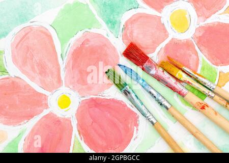 Children's Drawing For Mother's Day. Painting Wet Watercolor On Paper Stock Photo - Alamy