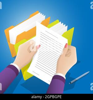 Concept. Female hands hold paper document of clerical archival folder. Storage of documents, statements and contracts. Conclusion of agreements and tr Stock Vector