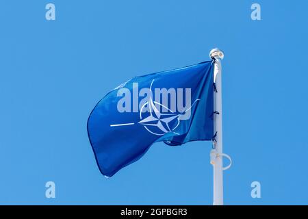 NATO flag waving in the wind against clear sky background Stock Photo