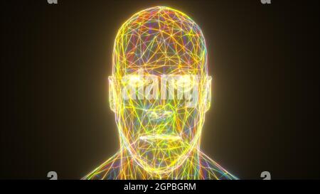 Colorful neon head, computer generated. 3d rendering abstract backdrop from thin net Stock Photo