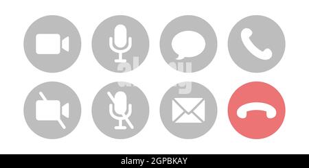 Virtual hangouts icons for conference call. On and off video, sound, message, mail and call icons isolated on white background. Flat vector Stock Vector