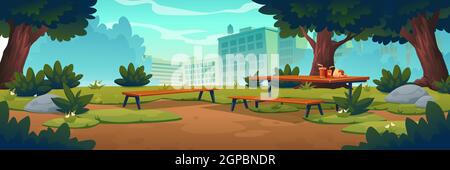 City park with wooden picnic table and benches, green trees, grass with flowers and town buildings on skyline. Vector cartoon summer landscape of empty public garden with food and drink on table Stock Vector