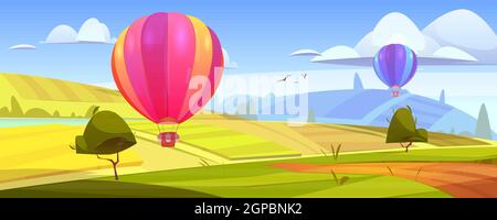 Summer landscape with flying hot air balloons, green fields, river and road. Vector cartoon illustration of countryside with colorful airships with baskets fly over meadows and grassland on hills Stock Vector