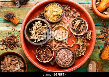 Assortment of dry healthy herbs on an old wooden table in herbal medicine. Natural medicine Stock Photo