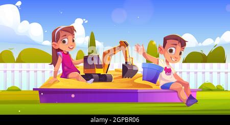 Children playing in sand box, little boy and girl sitting in sandbox with toys playing with excavator and plastic bucket. Kids outdoor fun, summer recreation at house yard, Cartoon vector illustration Stock Vector