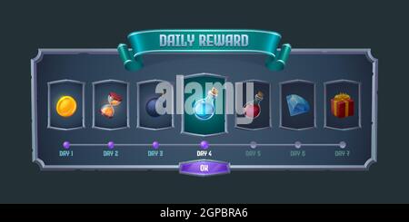 Daily reward frame with item icons for game gui design. Vector cartoon illustration of prizes for every day, gold coin, bomb, gift box, diamond and potions in old metal border with ribbon Stock Vector