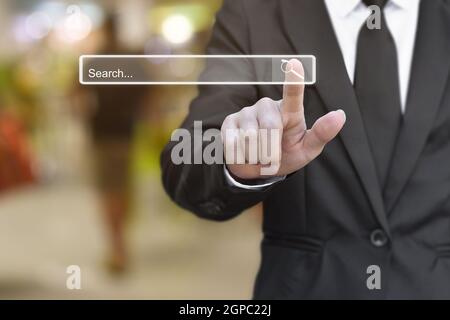 Searching Browsing concept. Business man click search page internet data information networking. Stock Photo