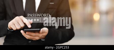 Mobile security concept. Businessman using mobile phone input Password for login. Pass code box in internet browser. Stock Photo