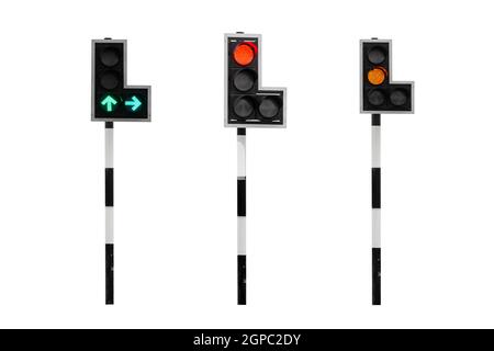 set of yellow, red, green color traffic light isolated on white background with clipping path. Stock Photo