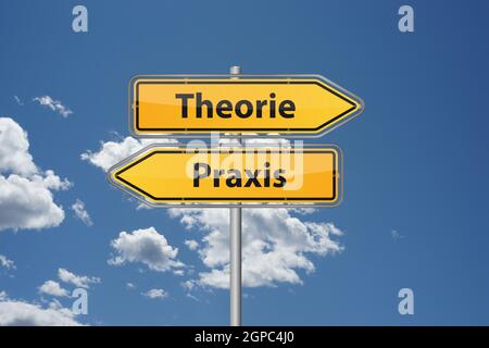 Theory or practice in German language Theorie oder Praxis on direction sign - knowhow learning Stock Photo