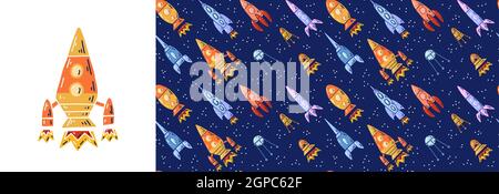 Set of card with rocket and seamless pattern with cartoon contour space ships and ufo flying diagonal up. Universe ships start up. Vector childish pos Stock Vector