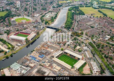 Aerial shot of Trent Bridge and the River Trent in Nottingham, Nottinghamshire England UK Stock Photo