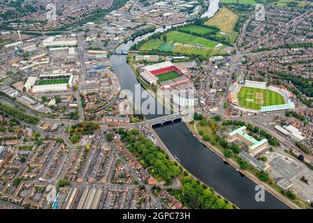 Aerial shot of Trent Bridge and the River Trent in Nottingham, Nottinghamshire England UK Stock Photo