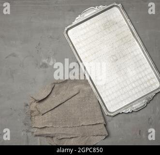 empty rectangular metal tray on gray background, top view Stock Photo