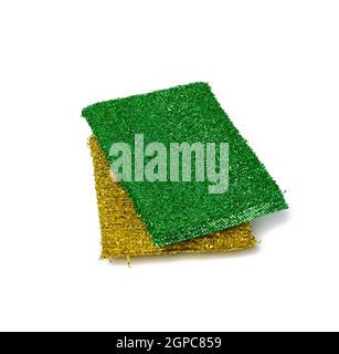 stack of new multi-colored kitchen sponges for washing dishes on a white background, close up Stock Photo