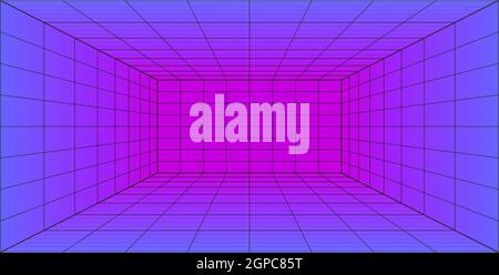 3d Grid perspective laser room in technology style. Virtual reality tunnel or wormhole. Abstract vaporwave background Stock Vector