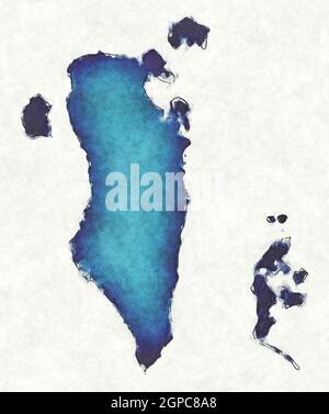 Bahrain map with drawn lines and blue watercolor illustration Stock Photo