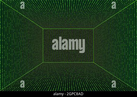 3d Grid perspective room in matrix technology style. Virtual reality tunnel or wormhole. Abstract binary computer code background Stock Vector