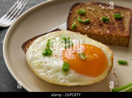 Breakfast Concept. Fried egg and rye fried bread slices, macro Stock Photo