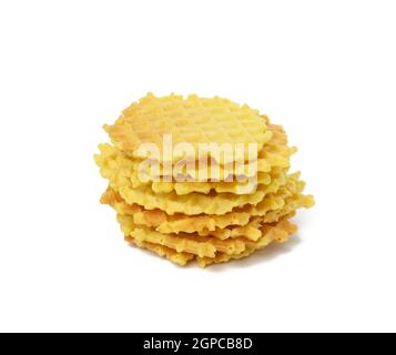 round baked waffle isolated on white background, belgian waffle Stock Photo