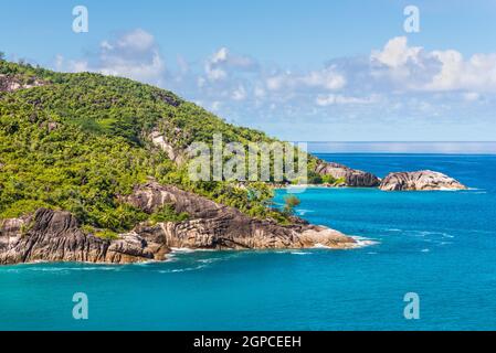 Hard-to-reach coast of the island of Mahe, Seychelles, part of the Baie Tarney Marine National Park and is overall part of the Morne Seychellois Natio Stock Photo