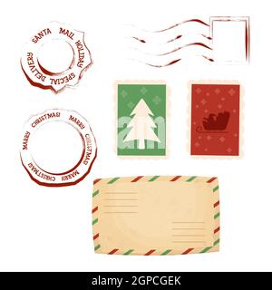 Christmas letter stamps ans postmark set with envelope in cartoon style isolated on white background. Grunge red wax decorations, retro, vintage. Vect Stock Vector