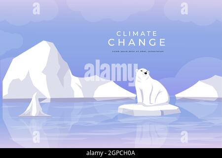 vector design climate change, global warming illustration with melting glaciers and polar bear trapped on chunks of glaciers Stock Vector