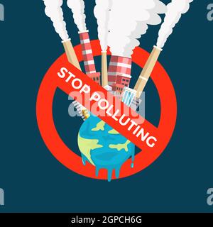sign symbol stop polluting with illustration with city highly air polluted on the melted earth