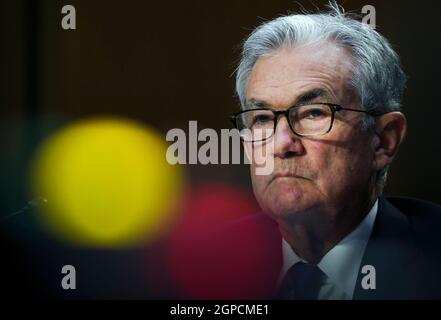 (210929) -- WASHINGTON, Sept. 29, 2021 (Xinhua) -- U.S. Federal Reserve Chairman Jerome Powell testifies at a hearing before the Senate Banking Committee in Washington, DC, the United States, Sept. 28, 2021. Powell said on Tuesday that inflation pressures could last longer than expected amid supply bottlenecks. (Kevin Dietsch/Pool via Xinhua) Stock Photo