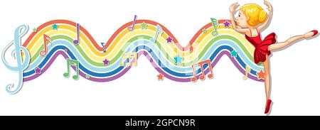 Ballerina with melody symbols on rainbow wave illustration Stock Vector ...