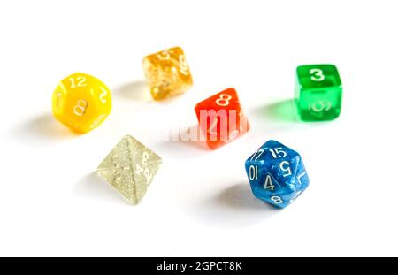 Special colorful dices group for role playing games. Stock Photo