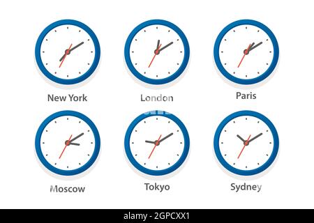 Flat Vector Wall Office Clock Icon Set. Time Zones of Different Cities, White Dial. Design Template of Wall Clock, Timezones. Closeup. Top, Front View Stock Vector