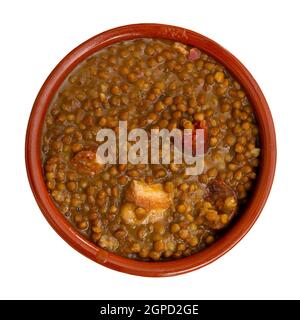 Stewed lentils with sausages, spanish Riojan lentils Stock Photo