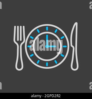 Plate with knife and fork with an icon of clock. Delivery sign. Graph symbol for cooking web site and apps design, logo, app, UI Stock Photo