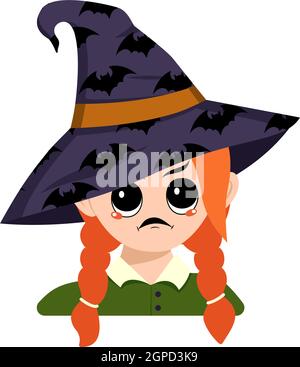 Girl with angry emotions, grumpy face, furious eyes in a pointed witch hat with bats. Head of cute child with furious expression in carnival costume for the holiday or Halloween party Stock Vector