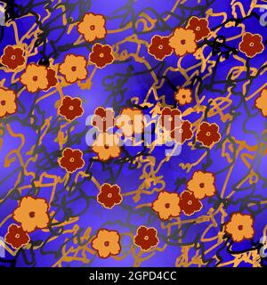Vector seamless oriental pattern, five-petal flowers on varicolored background. Red,gold cherry blossom chinoiserie ornament on blue.Eastern backdrop. Stock Vector