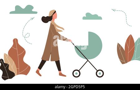 Happy mother on autumn walk with newborn in stroller. Woman pushing pram with child in park. Young mom with baby in pushchair Stock Vector